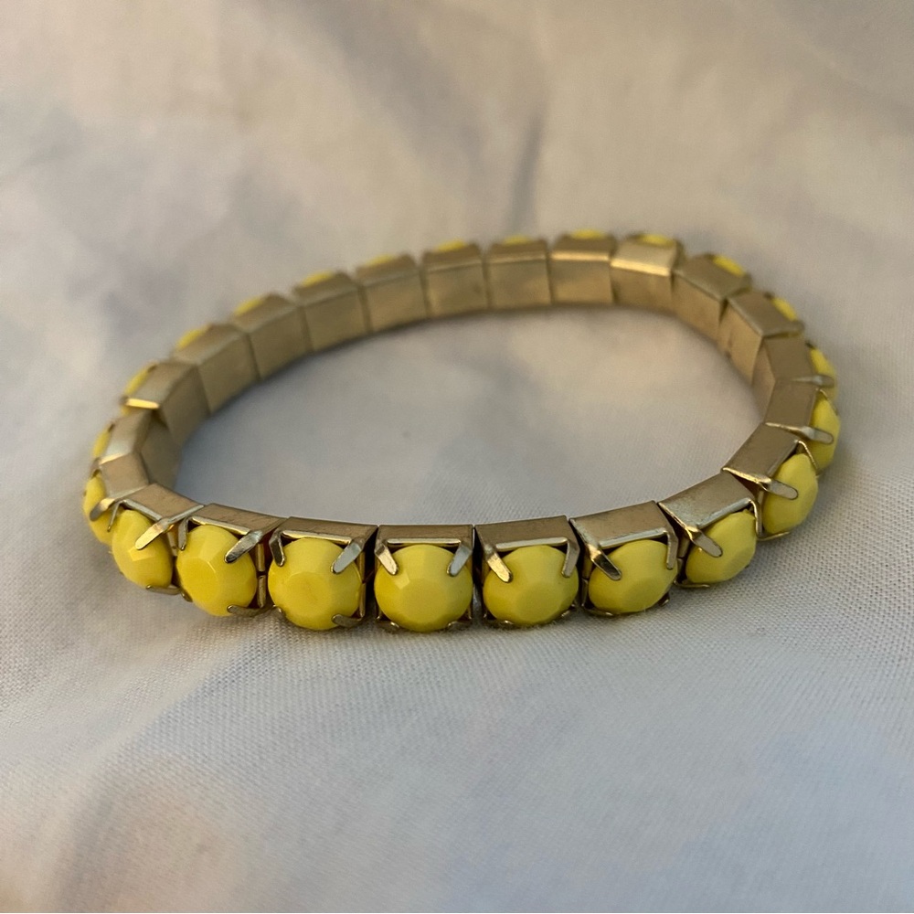 Vintage Yellow Pave Set Plastic Stone Stretch Bracelet Silver Tone Mid Century